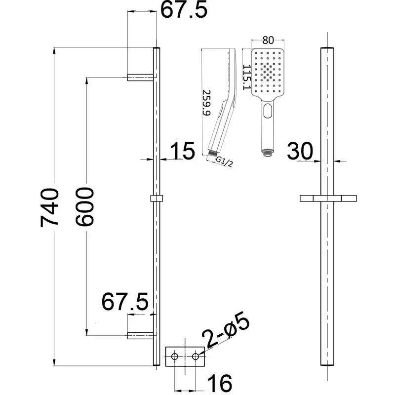 Shower On Rail Peak Square Blk Psh037-B - Image 2